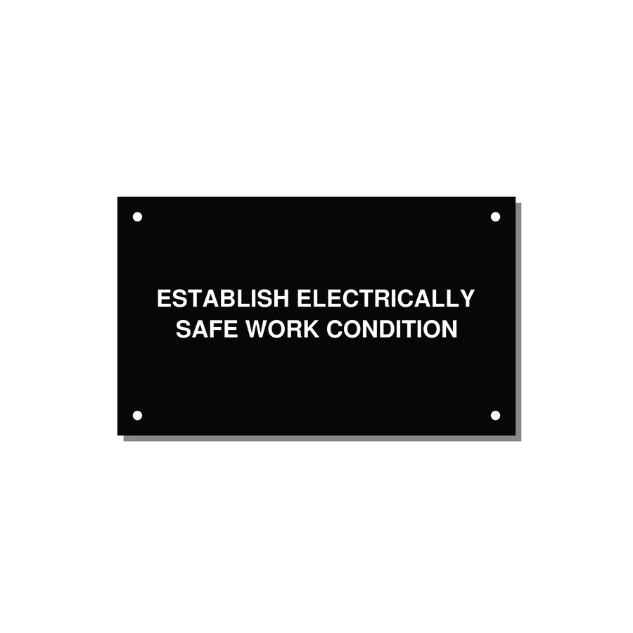 5.0x3.0" Electrical Safety Label - ESTABLISH ELECTRICALLY SA — 5x3" White on Black, Holes