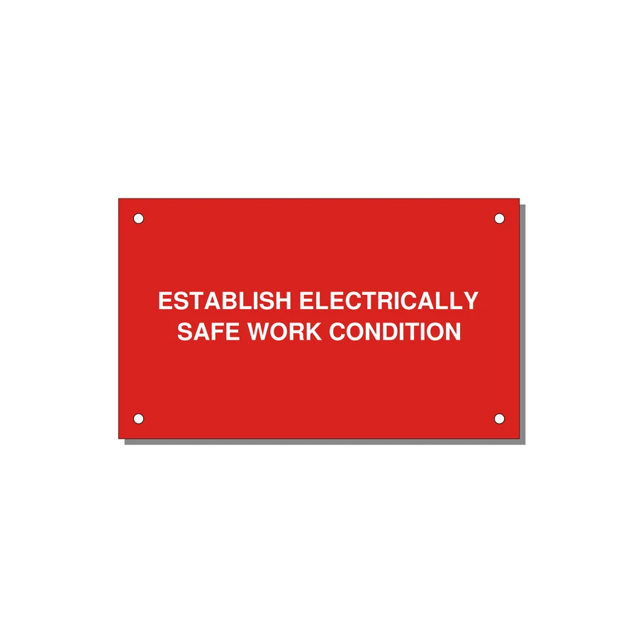 5.0x3.0" Electrical Safety Label - ESTABLISH ELECTRICALLY SA — 5x3" White on Red, Holes