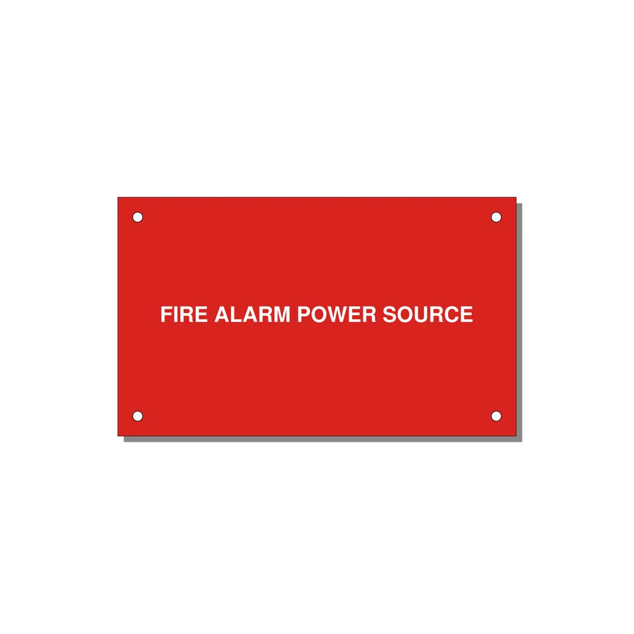 5.0x3.0" Fire Safety Label - FIRE ALARM POWER SOURCE — 5x3" White on Red, Holes
