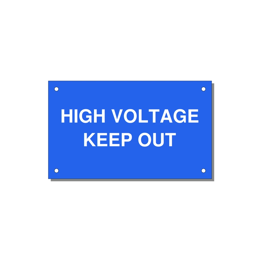5.0x3.0" High Voltage Warning Sign - HIGH VOLTAGE KEEP OUT — 5x3" White on Blue, Holes