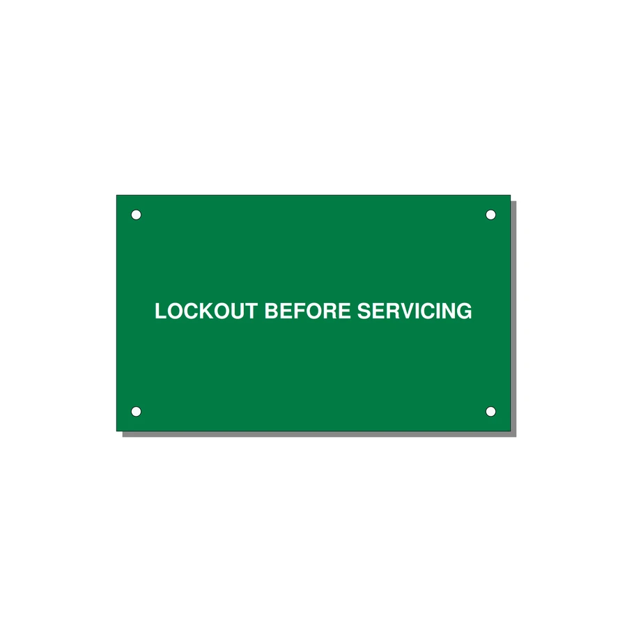 5.0x3.0" Lockout Tagout Label - LOCKOUT BEFORE SERVICING — 5x3" White on Green, Holes