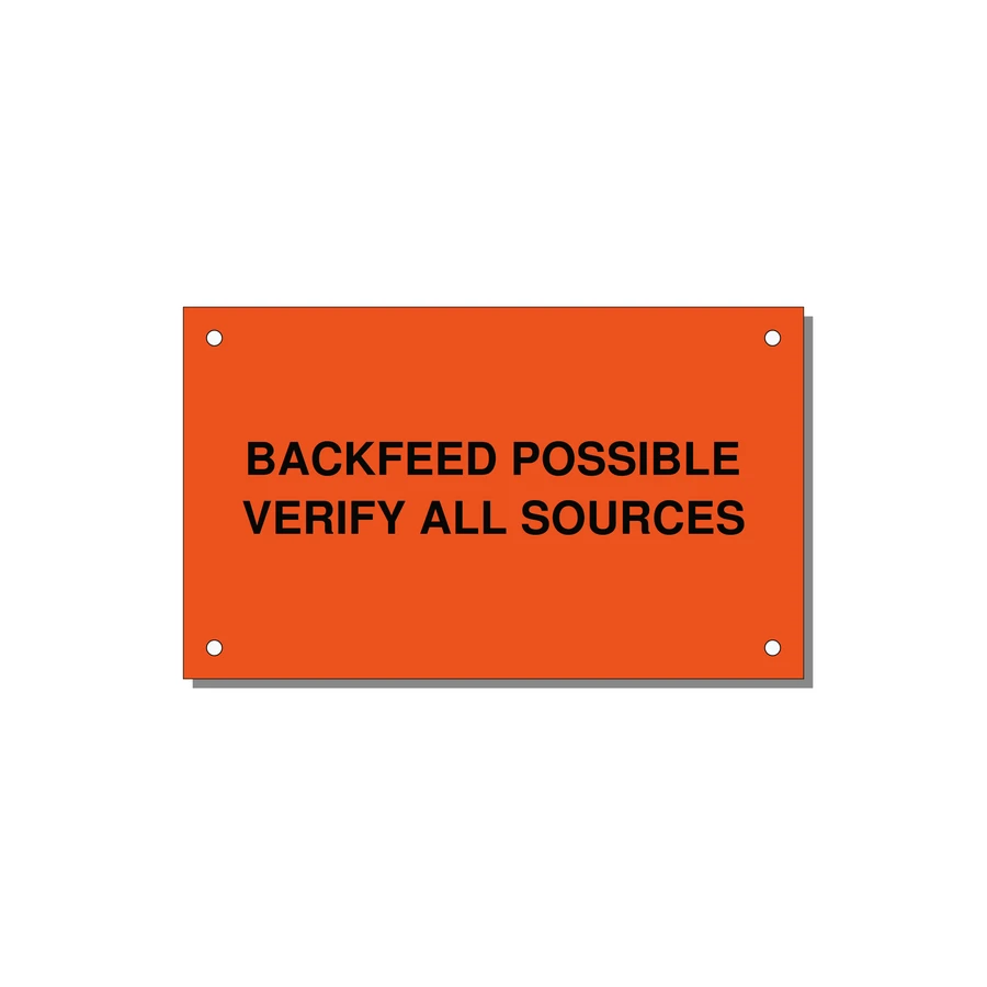 5.0x3.0" Safety Label - BACKFEED POSSIBLE VERIFY — 5x3" Black on Orange, Holes