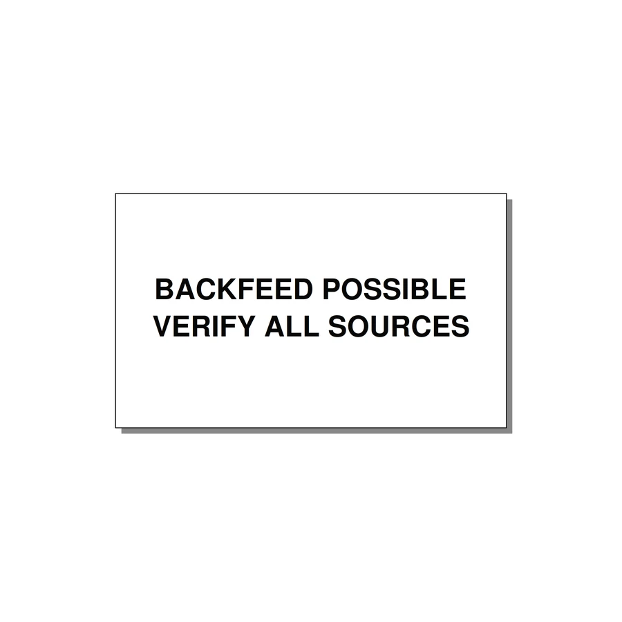 5.0x3.0" Safety Label - BACKFEED POSSIBLE VERIFY — 5x3" Black on White, Adhesive