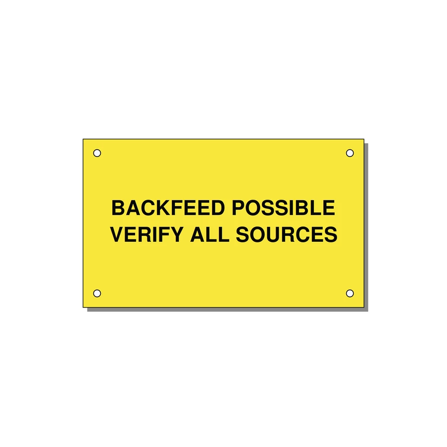 5.0x3.0" Safety Label - BACKFEED POSSIBLE VERIFY — 5x3" Black on Yellow, Holes