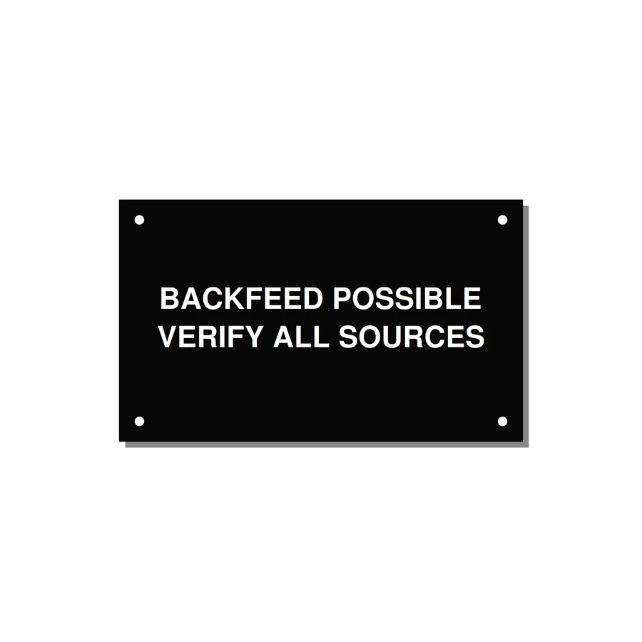 5.0x3.0" Safety Label - BACKFEED POSSIBLE VERIFY — 5x3" White on Black, Holes