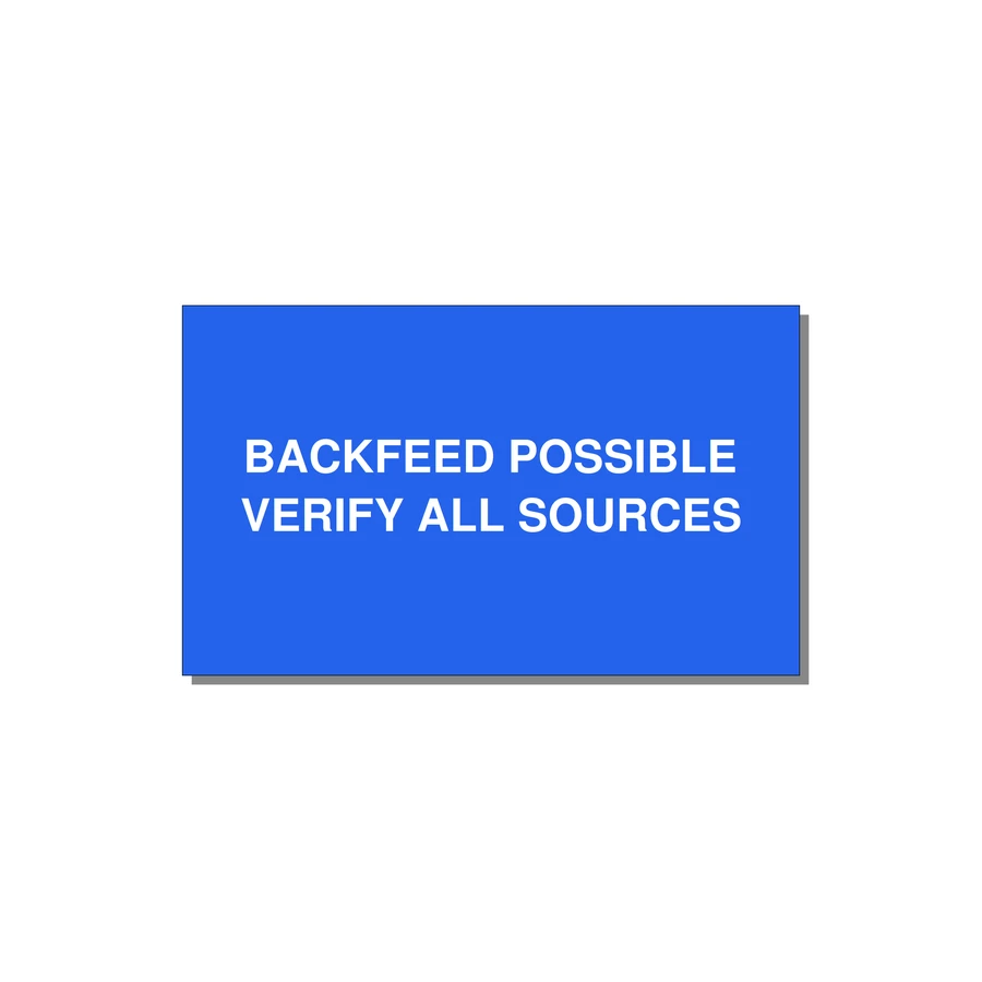 5.0x3.0" Safety Label - BACKFEED POSSIBLE VERIFY — 5x3" White on Blue, Adhesive