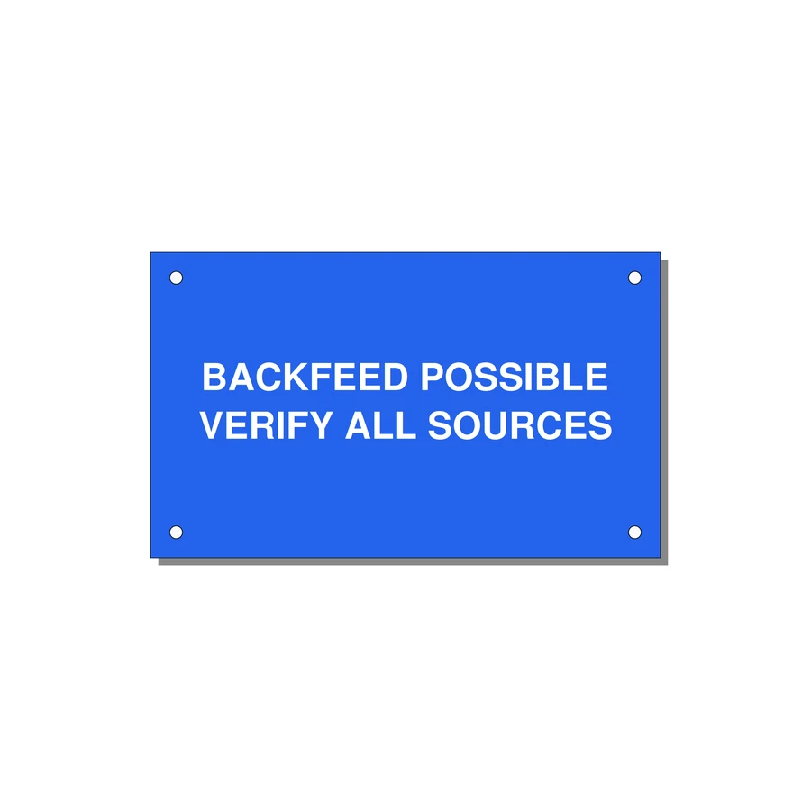 5.0x3.0" Safety Label - BACKFEED POSSIBLE VERIFY — 5x3" White on Blue, Holes