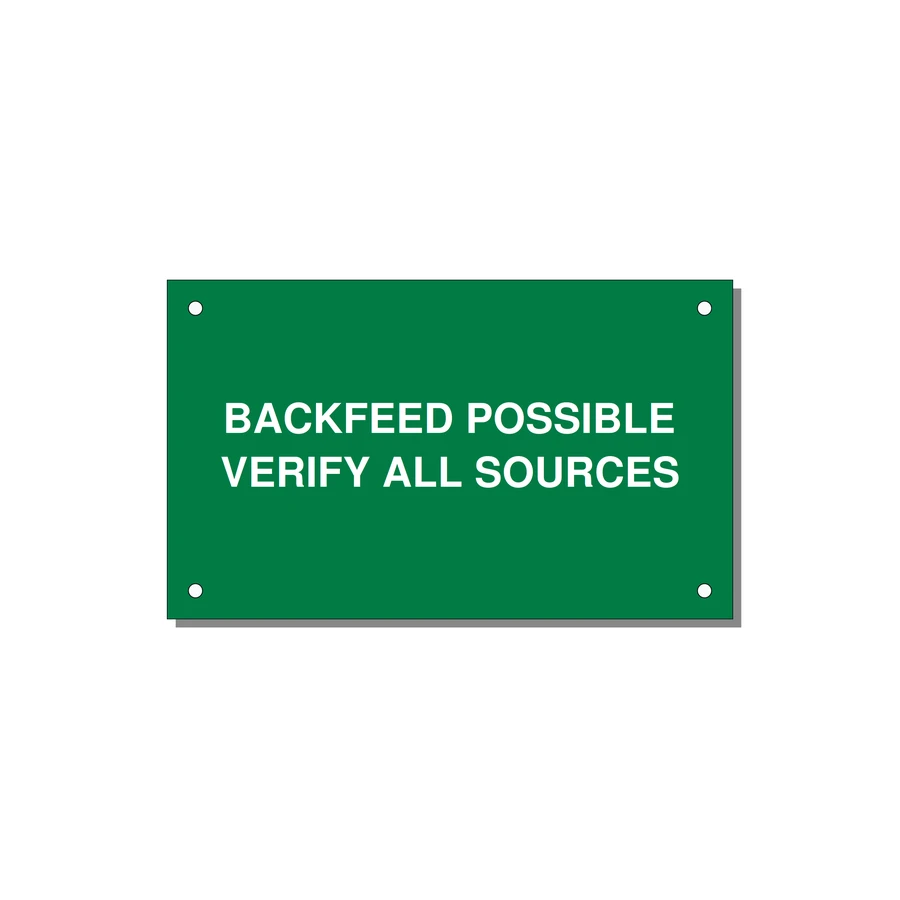 5.0x3.0" Safety Label - BACKFEED POSSIBLE VERIFY — 5x3" White on Green, Holes