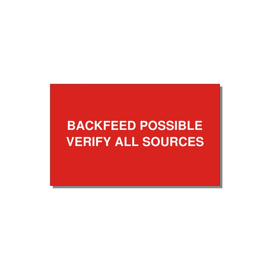 5.0x3.0" Safety Label - BACKFEED POSSIBLE VERIFY — 5x3" White on Red, Adhesive