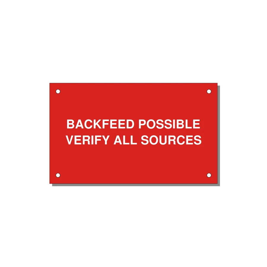 5.0x3.0" Safety Label - BACKFEED POSSIBLE VERIFY — 5x3" White on Red, Holes