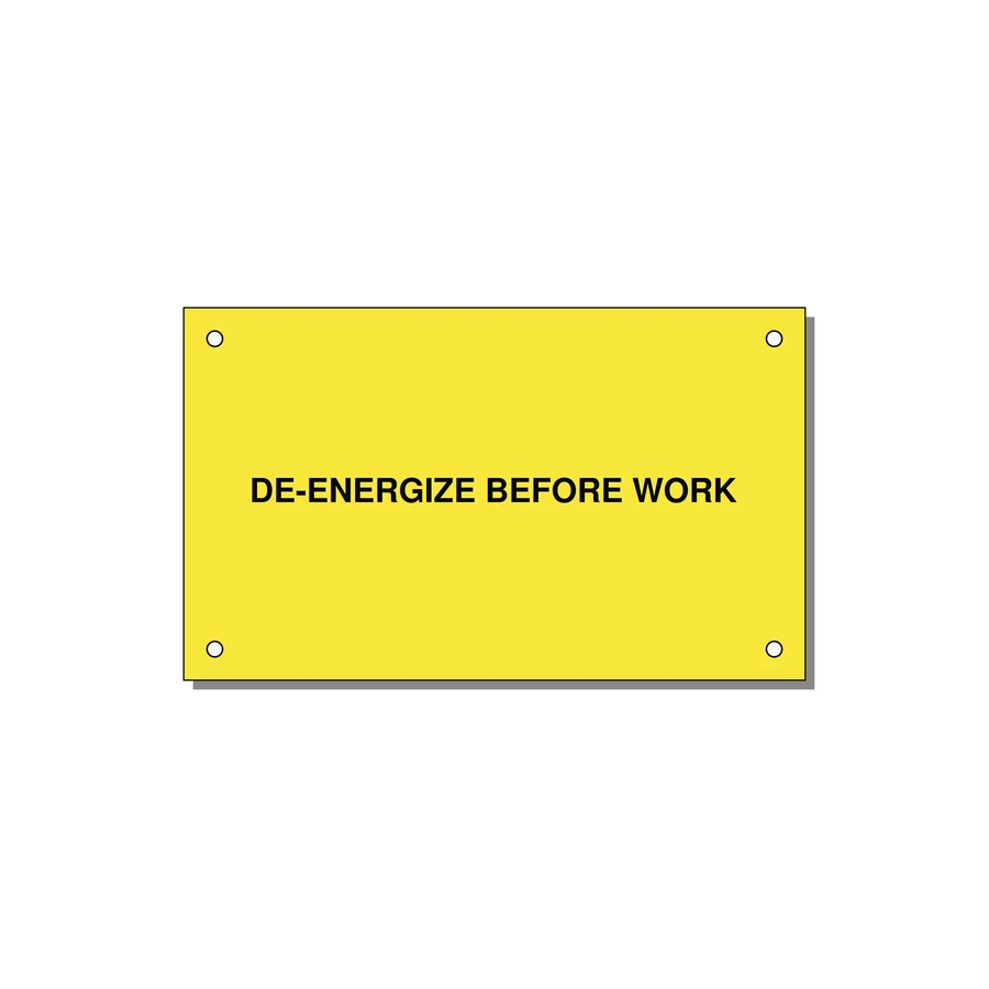 5.0x3.0" Safety Label - DE-ENERGIZE BEFORE WORK — 5x3" Black on Yellow, Holes