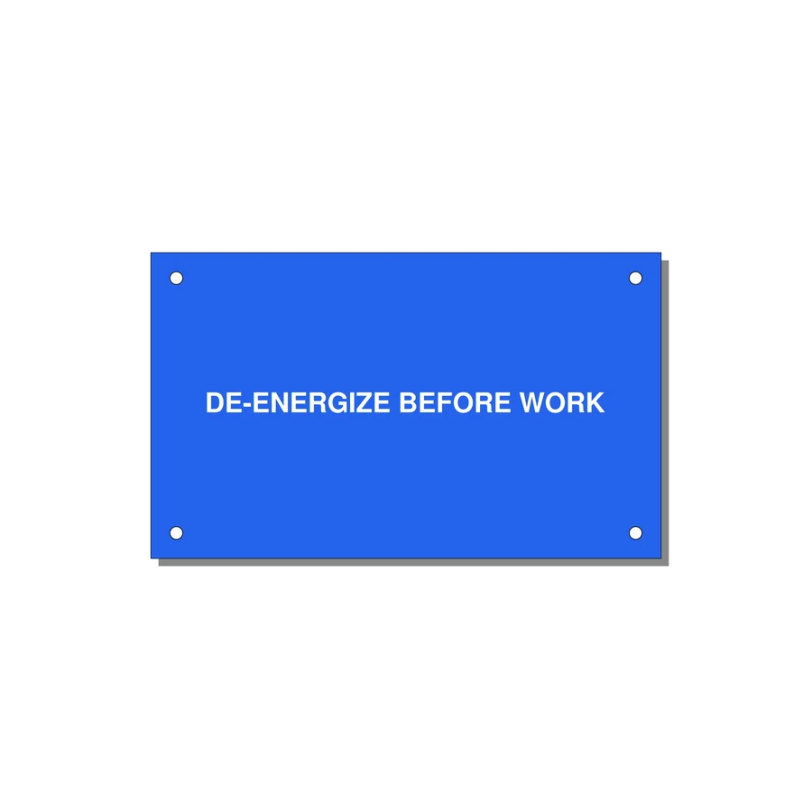 5.0x3.0" Safety Label - DE-ENERGIZE BEFORE WORK — 5x3" White on Blue, Holes