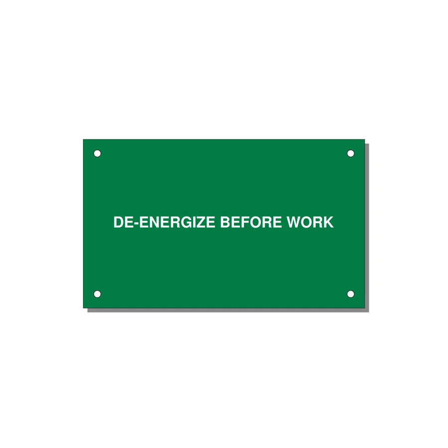 5.0x3.0" Safety Label - DE-ENERGIZE BEFORE WORK — 5x3" White on Green, Holes