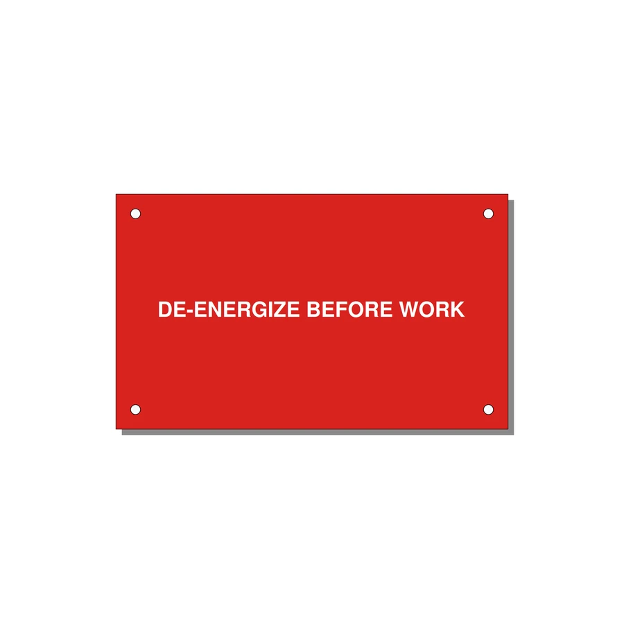 5.0x3.0" Safety Label - DE-ENERGIZE BEFORE WORK — 5x3" White on Red, Holes