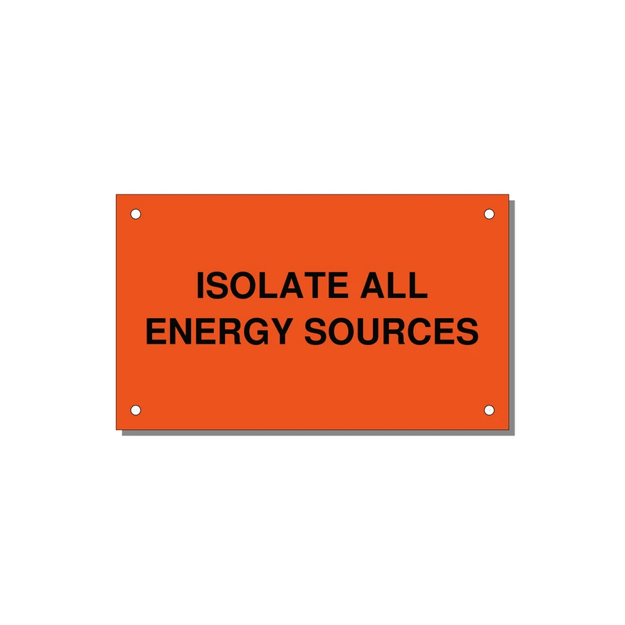 5.0x3.0" Safety Label - ISOLATE ALL ENERGY SOURCE — 5x3" Black on Orange, Holes