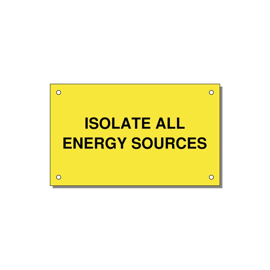 5.0x3.0" Safety Label - ISOLATE ALL ENERGY SOURCE — 5x3" Black on Yellow, Holes