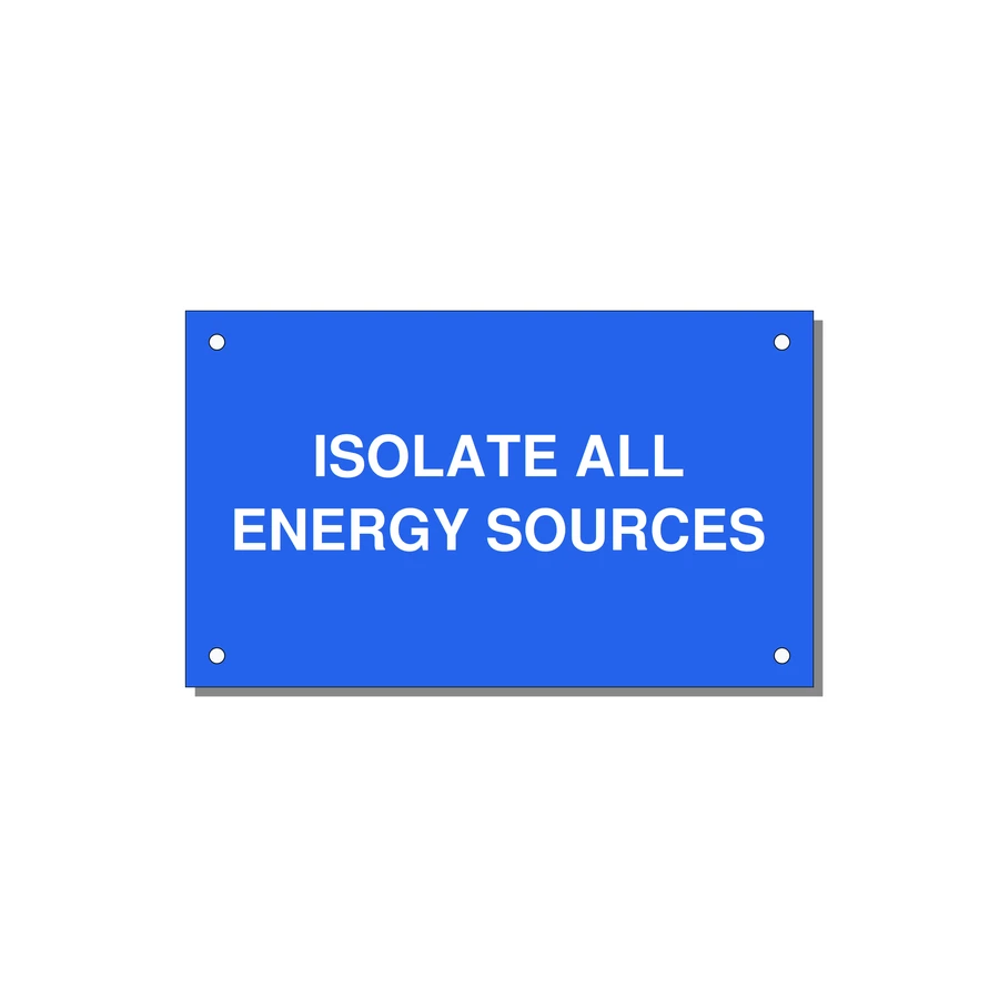 5.0x3.0" Safety Label - ISOLATE ALL ENERGY SOURCE — 5x3" White on Blue, Holes