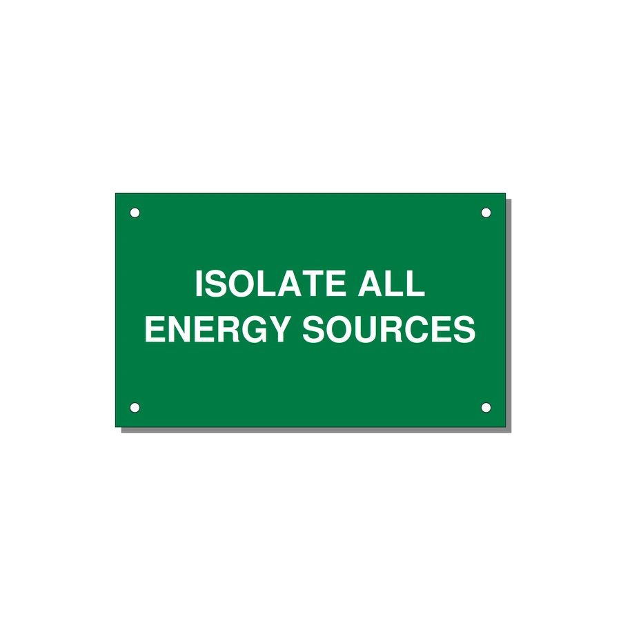 5.0x3.0" Safety Label - ISOLATE ALL ENERGY SOURCE — 5x3" White on Green, Holes