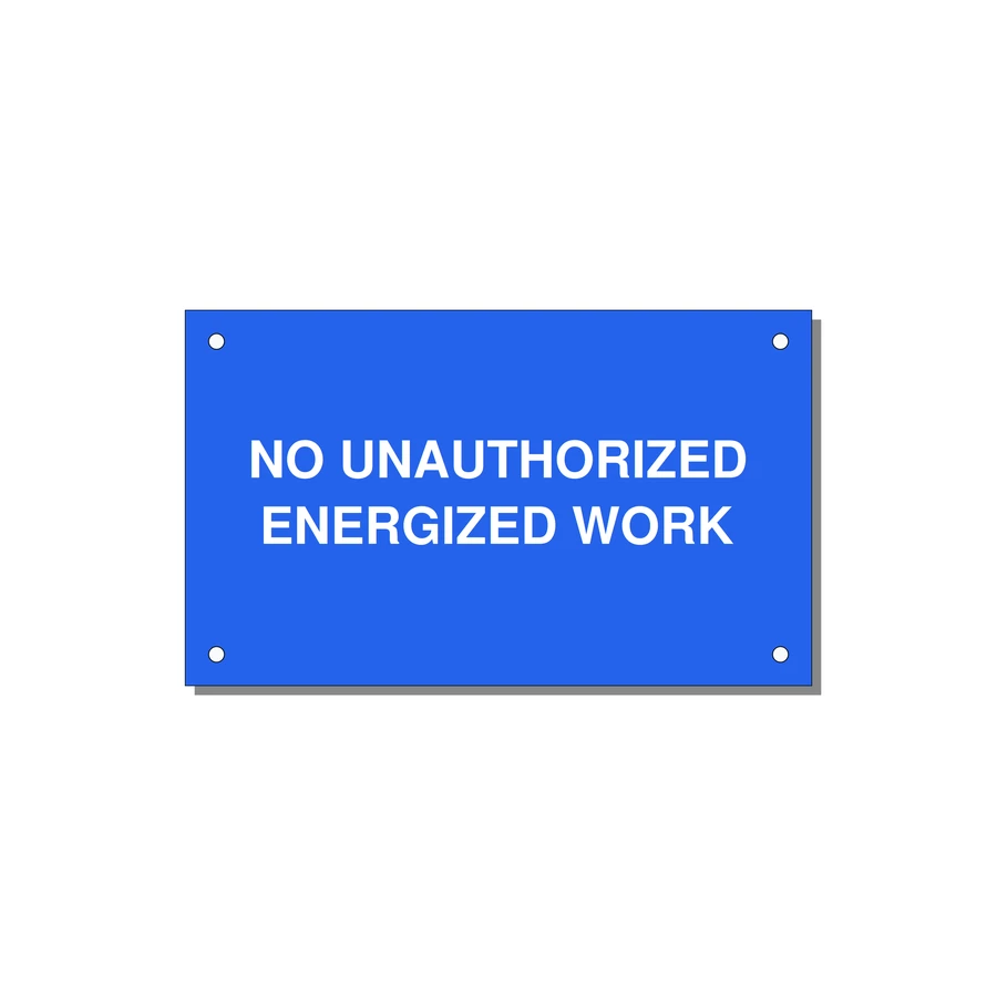 5.0x3.0" Safety Label - NO UNAUTHORIZED ENERGIZED — 5x3" White on Blue, Holes