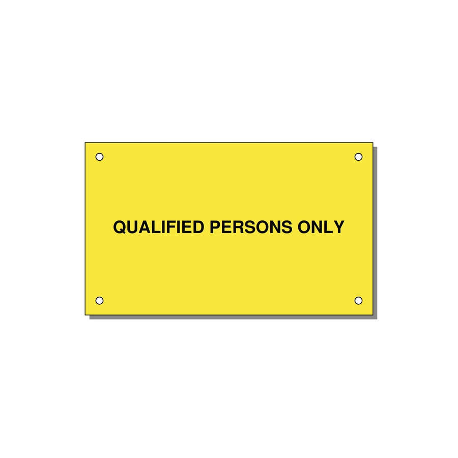 5.0x3.0" Safety Label - QUALIFIED PERSONS ONLY — 5x3" Black on Yellow, Holes
