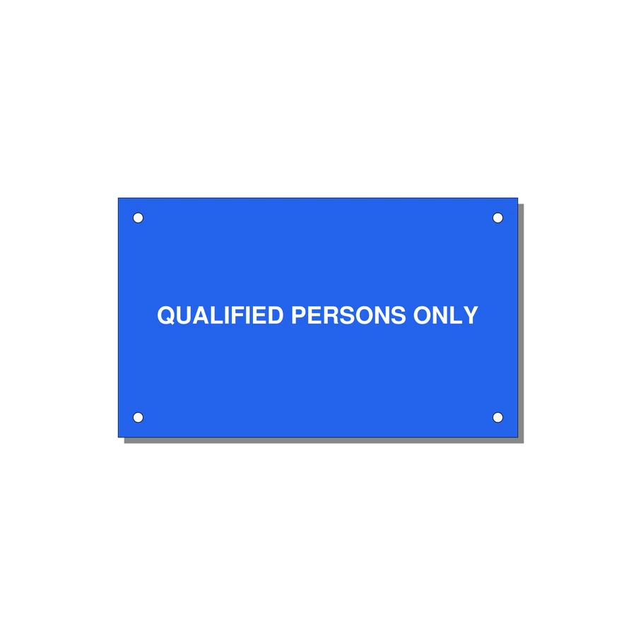 5.0x3.0" Safety Label - QUALIFIED PERSONS ONLY — 5x3" White on Blue, Holes