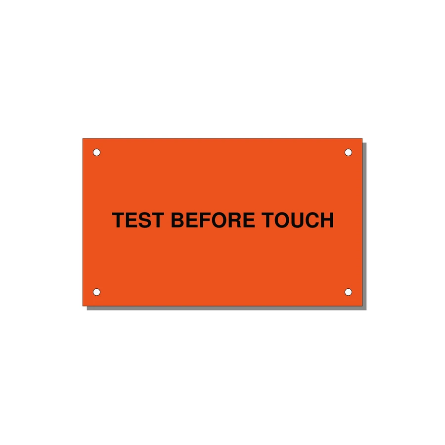 5.0x3.0" Safety Label - TEST BEFORE TOUCH — 5x3" Black on Orange, Holes