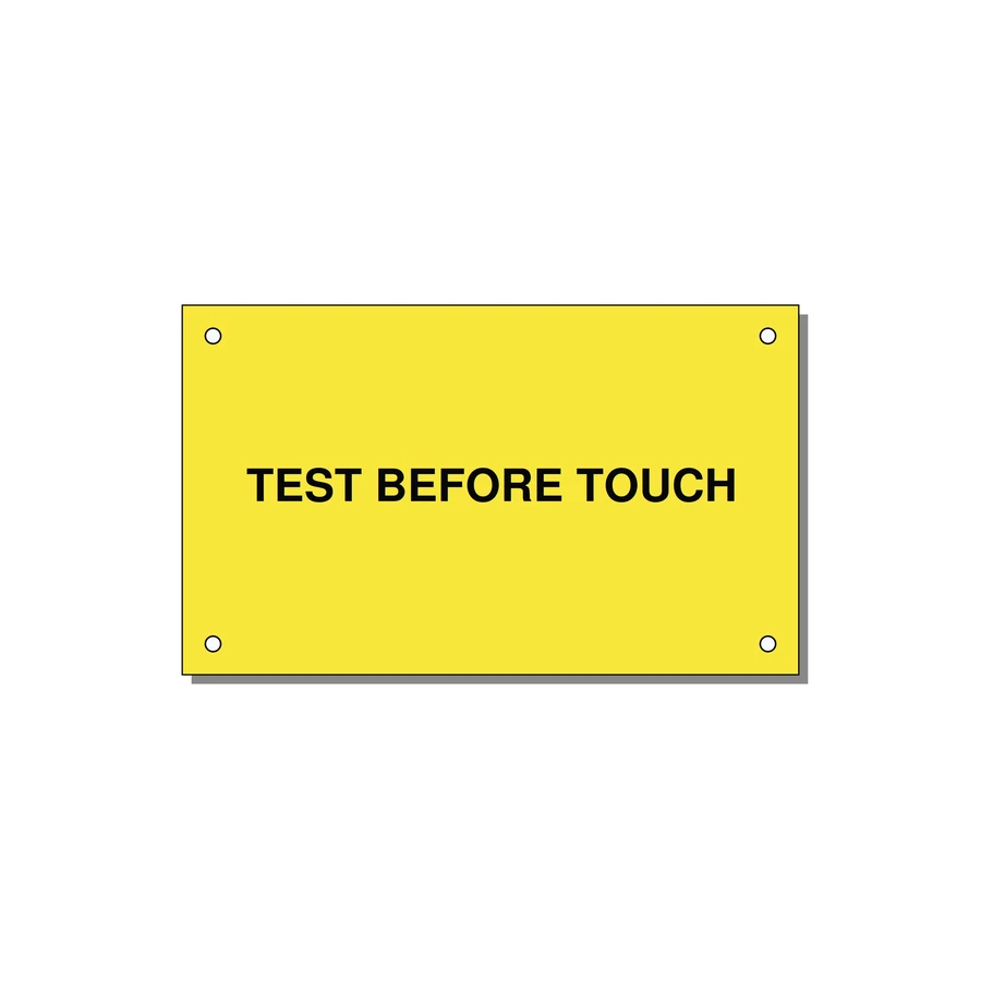 5.0x3.0" Safety Label - TEST BEFORE TOUCH — 5x3" Black on Yellow, Holes