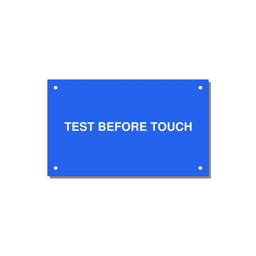 5.0x3.0" Safety Label - TEST BEFORE TOUCH — 5x3" White on Blue, Holes