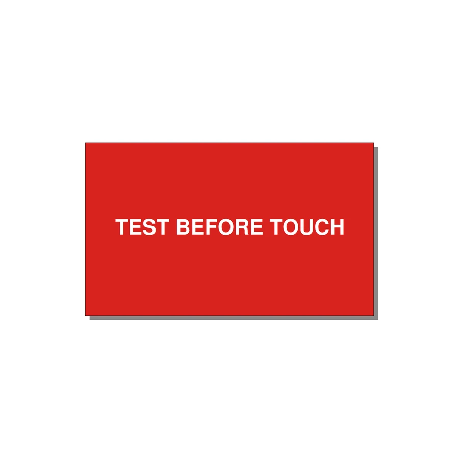 5.0x3.0" Safety Label - TEST BEFORE TOUCH — 5x3" White on Red, Adhesive