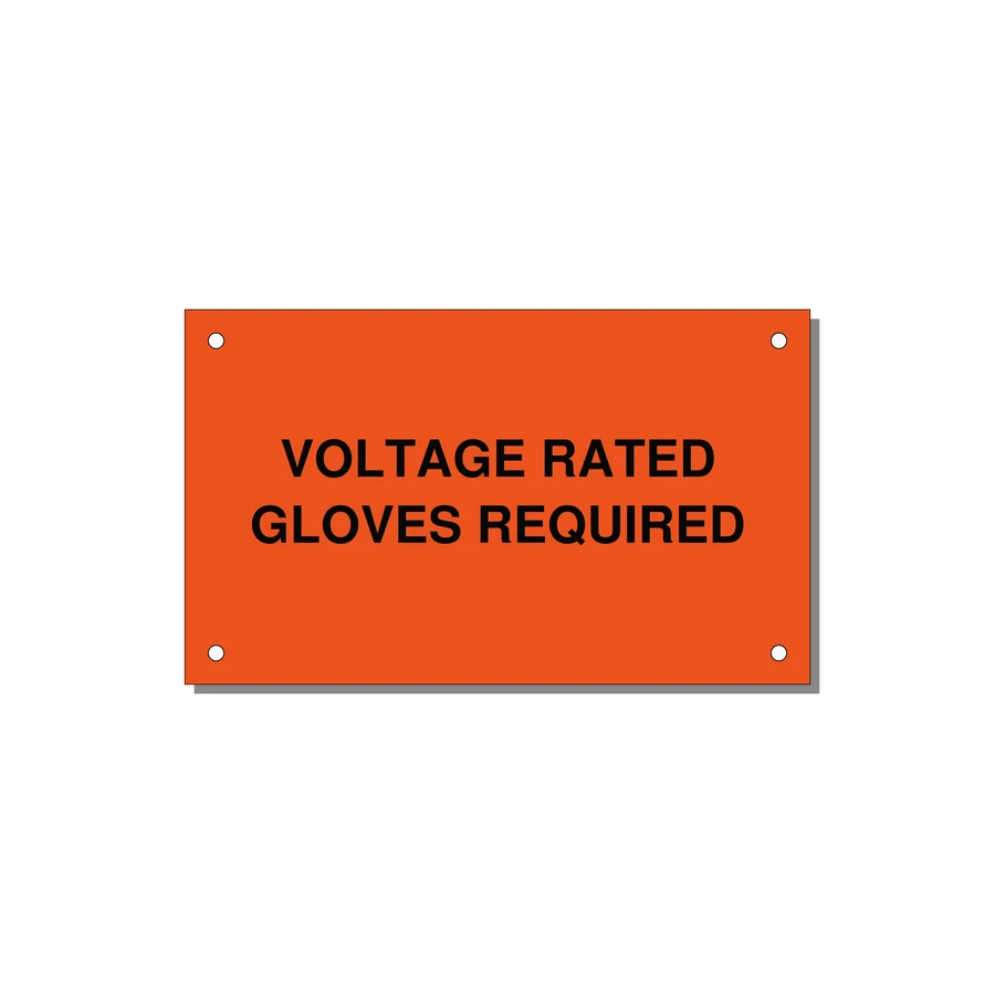 5.0x3.0" Safety Label - VOLTAGE RATED GLOVES REQU — 5x3" Black on Orange, Holes