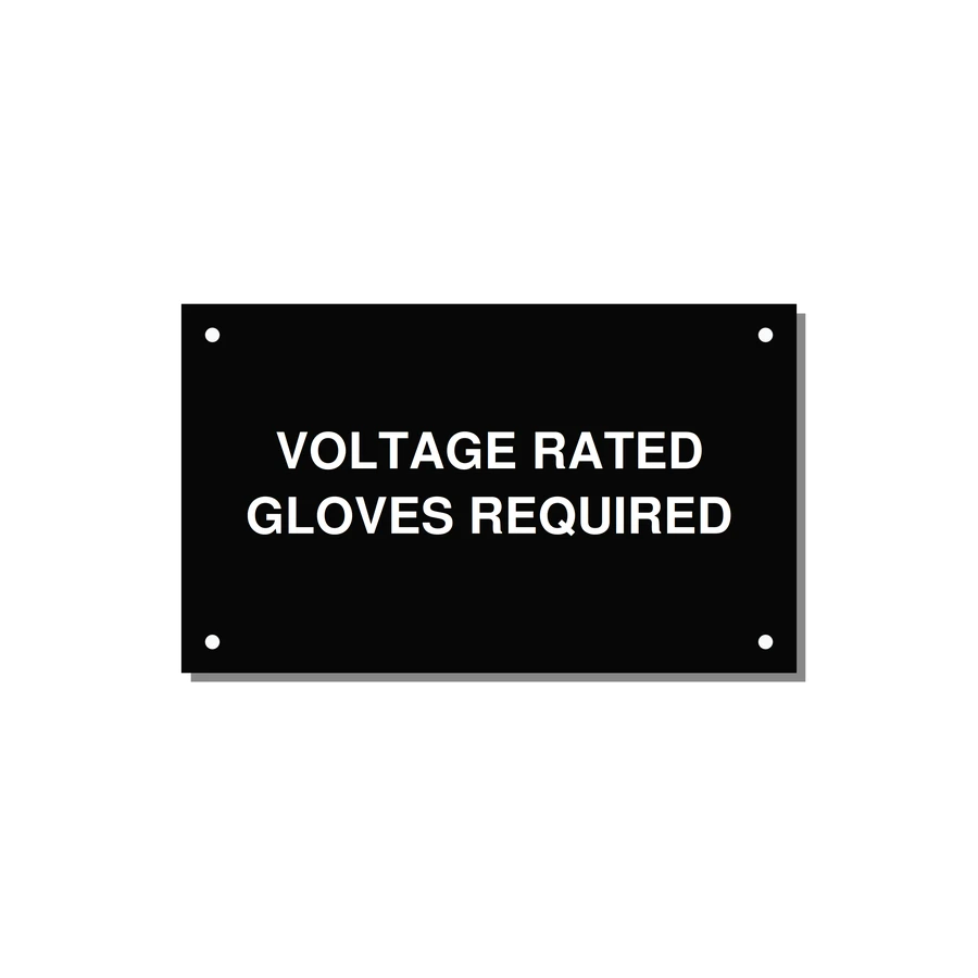 5.0x3.0" Safety Label - VOLTAGE RATED GLOVES REQU — 5x3" White on Black, Holes
