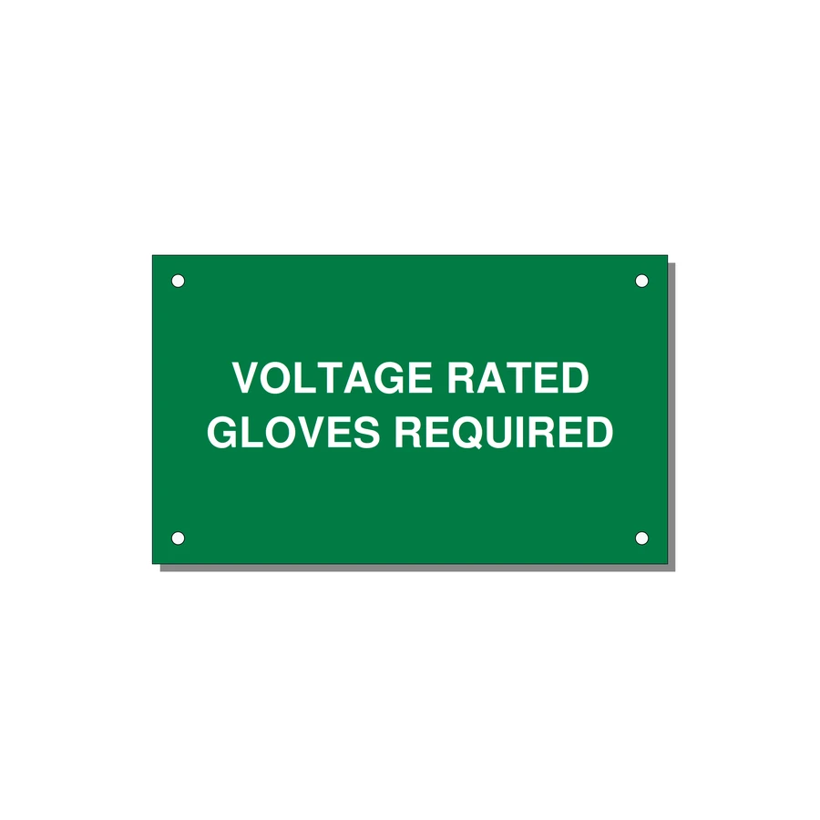 5.0x3.0" Safety Label - VOLTAGE RATED GLOVES REQU — 5x3" White on Green, Holes