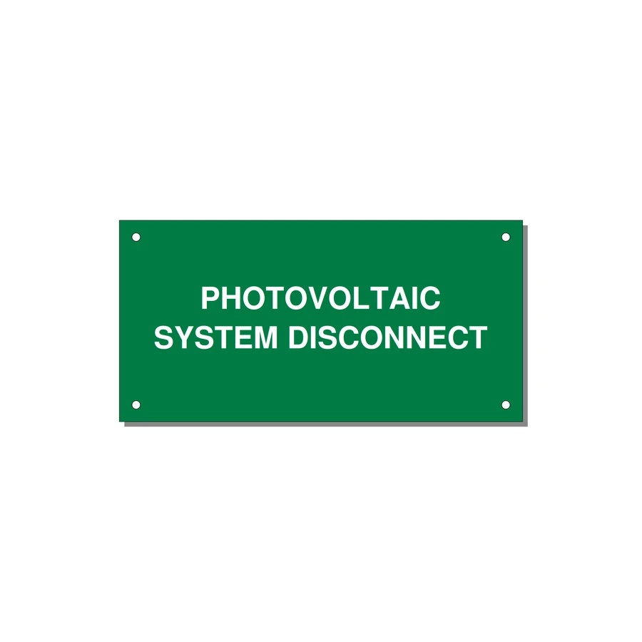 6.0x3.0" Disconnect Switch Label - PHOTOVOLTAIC SYSTEM DISCO — 6x3" White on Green, Holes