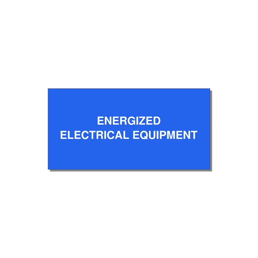6.0x3.0" Electrical Safety Label - ENERGIZED ELECTRICAL EQUI — 6x3" White on Blue, Adhesive