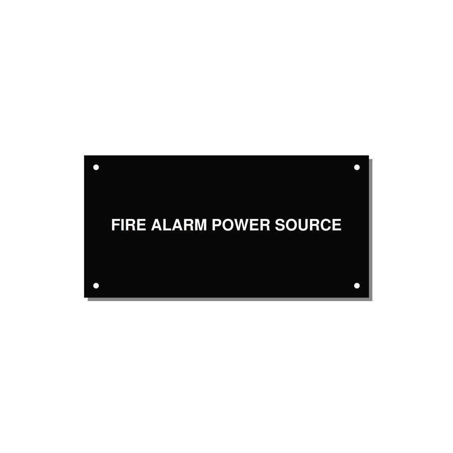 6.0x3.0" Fire Safety Label - FIRE ALARM POWER SOURCE — 6x3" White on Black, Holes