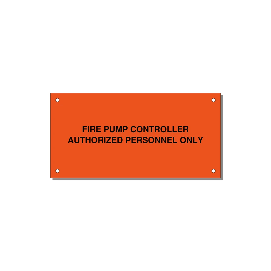 6.0x3.0" Fire Safety Label - FIRE PUMP CONTROLLER AUTH — 6x3" Black on Orange, Holes