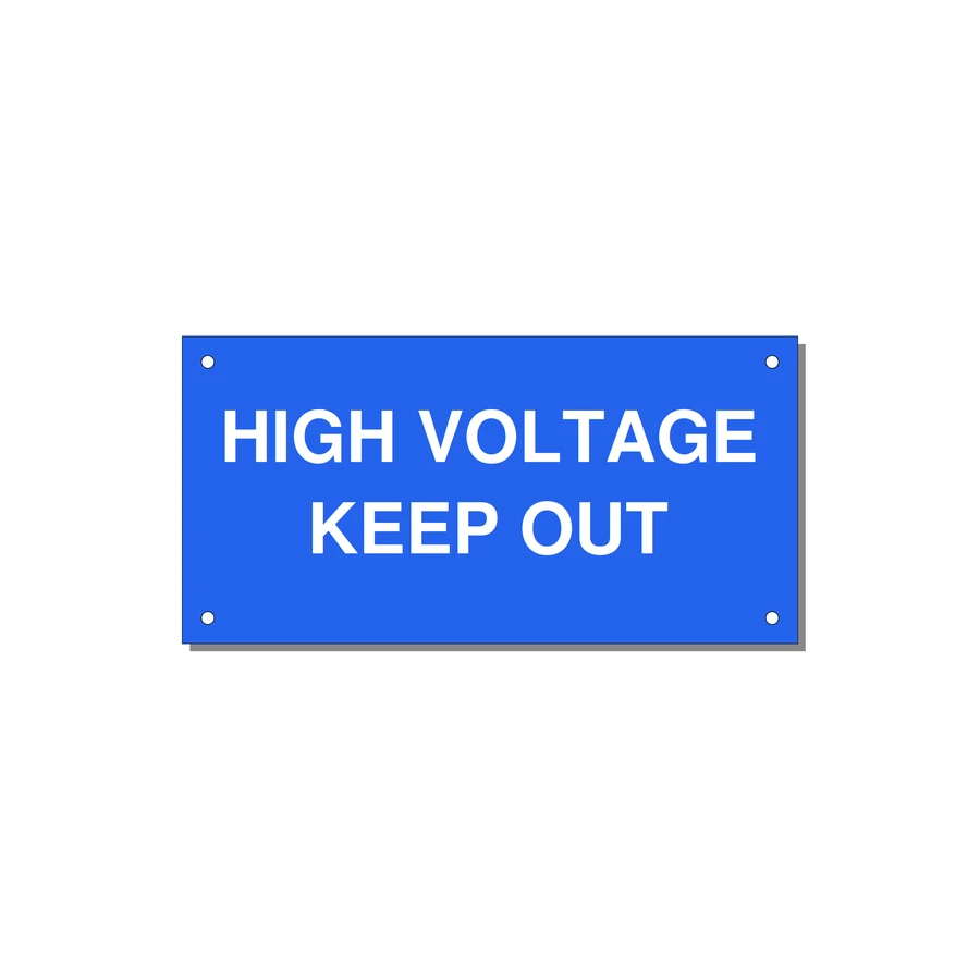 6.0x3.0" High Voltage Warning Sign - HIGH VOLTAGE KEEP OUT — 6x3" White on Blue, Holes
