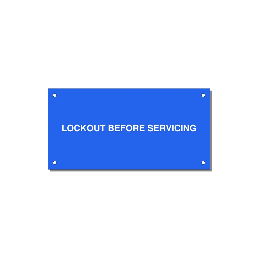 6.0x3.0" Lockout Tagout Label - LOCKOUT BEFORE SERVICING — 6x3" White on Blue, Holes