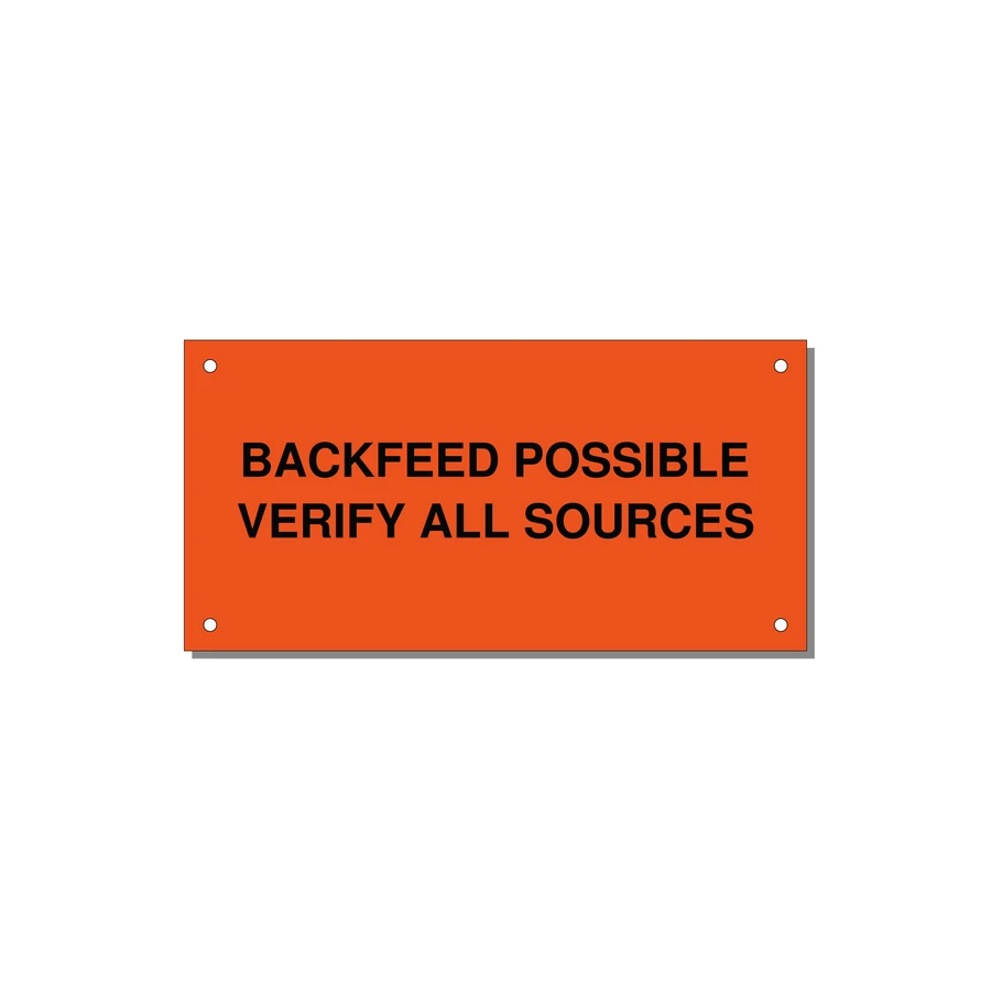 6.0x3.0" Safety Label - BACKFEED POSSIBLE VERIFY — 6x3" Black on Orange, Holes
