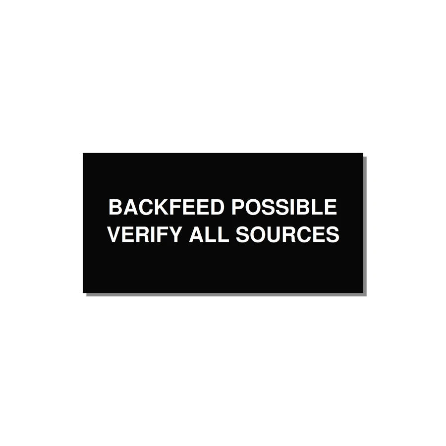 6.0x3.0" Safety Label - BACKFEED POSSIBLE VERIFY — 6x3" White on Black, Adhesive