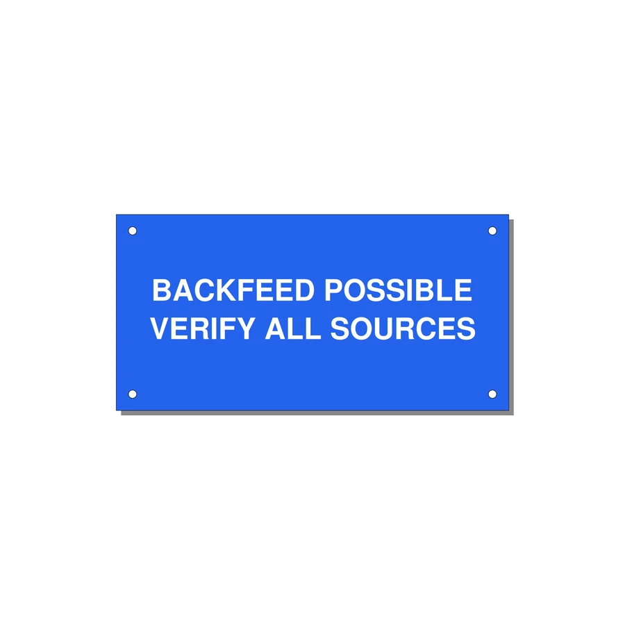 6.0x3.0" Safety Label - BACKFEED POSSIBLE VERIFY — 6x3" White on Blue, Holes