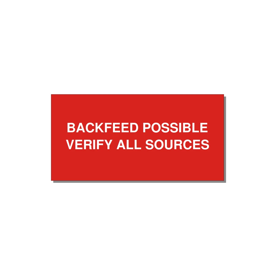 6.0x3.0" Safety Label - BACKFEED POSSIBLE VERIFY — 6x3" White on Red, Adhesive