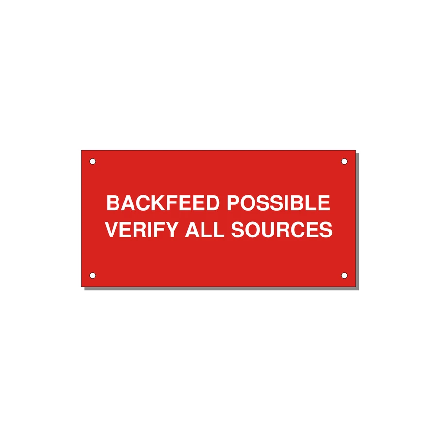 6.0x3.0" Safety Label - BACKFEED POSSIBLE VERIFY — 6x3" White on Red, Holes