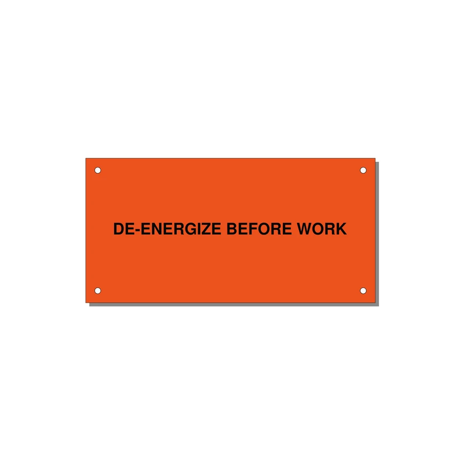 6.0x3.0" Safety Label - DE-ENERGIZE BEFORE WORK — 6x3" Black on Orange, Holes