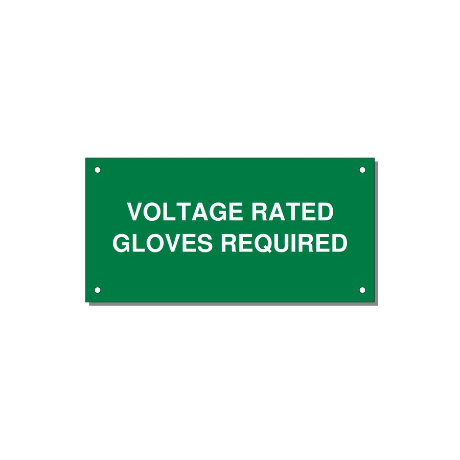 6.0x3.0" Safety Label - VOLTAGE RATED GLOVES REQU — 6x3" White on Green, Holes