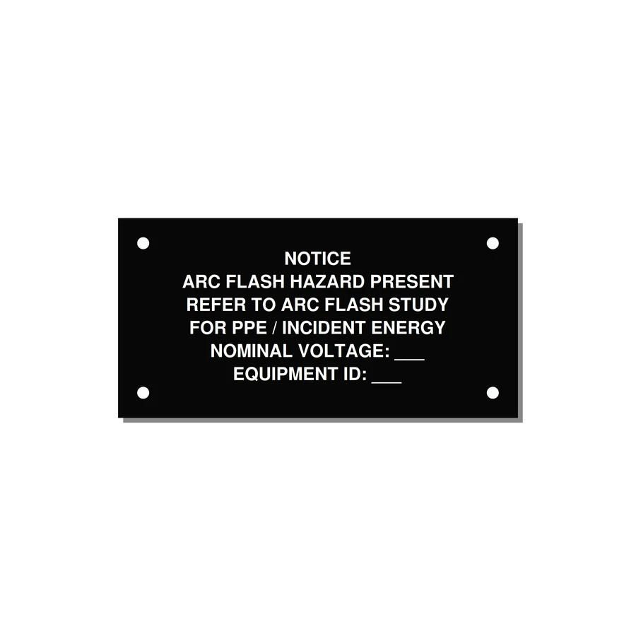 Arc Flash Hazard Label (Refer to Study) — NFPA 70E — 4x2" White on Black, Holes