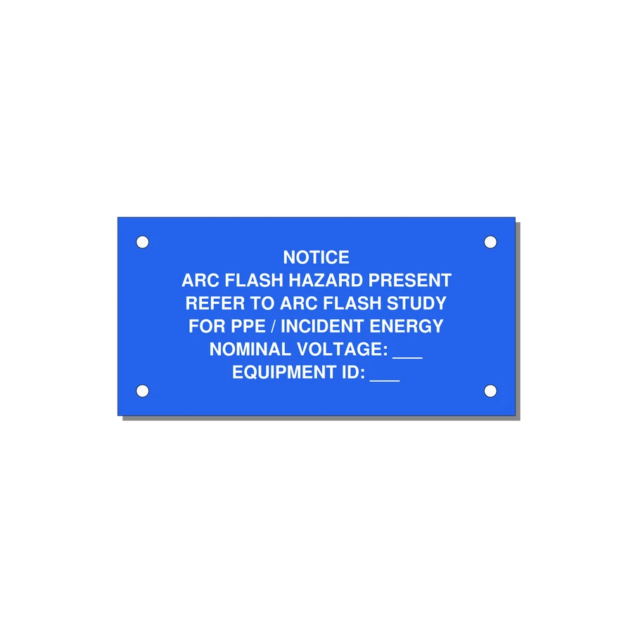 Arc Flash Hazard Label (Refer to Study) — NFPA 70E — 4x2" White on Blue, Holes