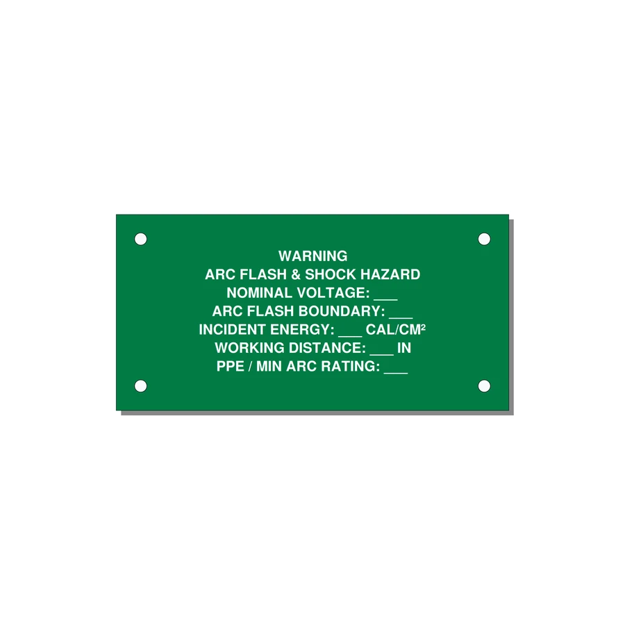 Arc Flash & Shock Hazard Label (Incident Energy Fill-In) — NFPA 70E — 4x2" White on Green, Holes