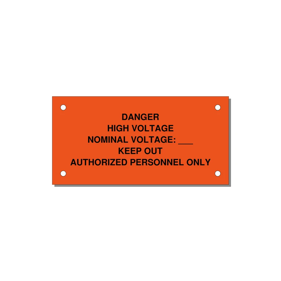 Danger High Voltage Label — 4x2" Black on Orange, Holes