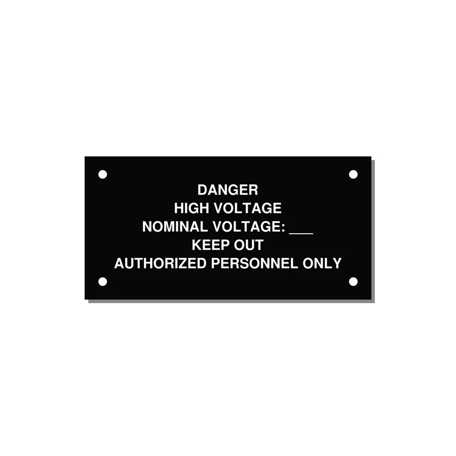 Danger High Voltage Label — 4x2" White on Black, Holes